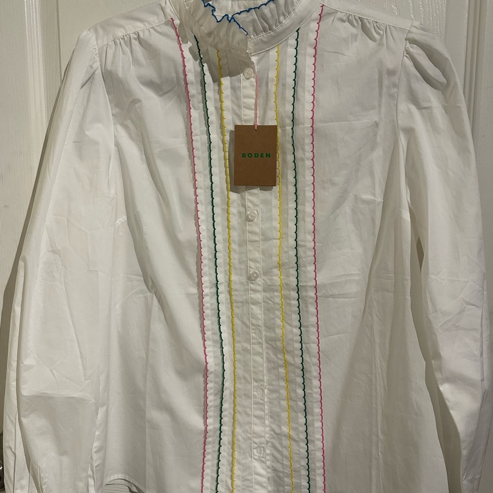 Boden Cream Blouse with Colorful Embroidery